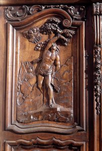 El martirio de San Sebastián, detalle de la puerta de madera tallada de la iglesia de la inmaculada concepción, Menton de Unknown artist