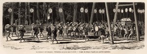 El matsouri (feria, procesión) del templo Kami en las cercanías de Yedo (o Edo, actual Tokio), el 5º día del 5º mes del año, la multitud se reúne para recolectar hierbas medicinales en el bosque y por la noche, los sacerdotes organizan una de Unknown artist