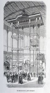 El elevador mecánico del ingeniero Edoux en la exposición mundial de 1867 - grabado de Unknown artist