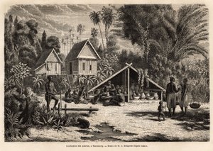 La producción de cerámica en Saniaboury (Laos). Grabado para ilustrar el viaje de exploración en Indochina, por Francis Garnier, teniente de Vaissseau, en 1866-1868, publicado en "Le tour du monde" 1870-1871, editado por Edouard Charton, edición Hachette de Unknown artist