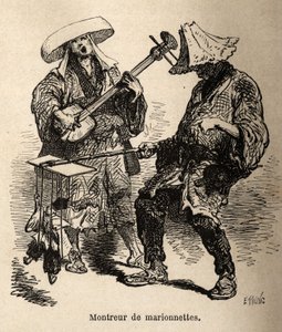 El espectáculo de marionetas y el músico que lo acompaña para el entretenimiento callejero. Grabado para ilustrar el viaje a Japón, por Aime Humbert, ministro de la Confederación Suiza, en 1863-1864, publicado en “Le tour du monde”, bajo la dirección de Ed de Unknown artist