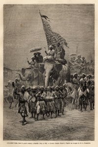 La bandera real en la sowari (procesión militar) en Baroda, estado de Gujarat, India. Grabado para ilustrar el viaje en India de los Rajás, por Louis Rousselet, en 1864-1868, publicado en 