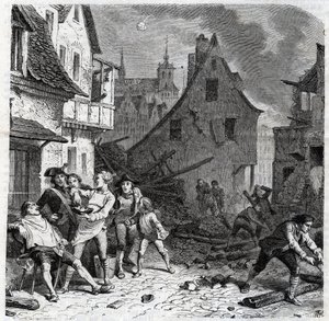 El plato de afeitar de Lille. Un episodio del asedio de Lille en 1792 durante las Guerras Revolucionarias Francesas - Le siège de Lille en octobre 1792 - Révolution française - Bombardement par les Autrichiens et les Prussiens - Le barbier utilise une demi de Unknown artist