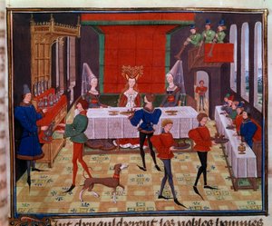 El banquete de bodas en la boda de Clarisse, hija del rey Yvon de Gascuña y Renaud. Miniatura del manuscrito Renaud de Montauban o Los cuatro hijos de Aymon de Loyset Liedet