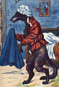 El lobo se pone la ropa de la abuela. Ilustración anónima para "Caperucita Roja", cuento de Charles Perrault (1628-1703), escritor francés. Imágenes Marcel Vagne, Jarville Nancy, sin fecha (finales del siglo XIX)
