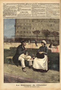 El almuerzo de los trabajadores, reproducción de la pintura de Henri Cain (1859-1930), pintor y dramaturgo. Grabado en “Le petit journal” 18/04/1891. Colección Selva de Unknown artist