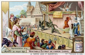 Teatro: representación de un misterio en la Edad Media - cromolitografía de Liebig