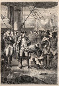 Tercer viaje (1776-1779) del Capitán James Cook (1728-1779): el sacerdote Koah ofrece un cerdito a Cook, a bordo del barco Resolution (Hawái) - ilustración de 