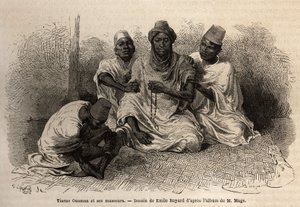 Tierno Ousman, de la tribu Toucouleur, jefe del pueblo de Guemmou Koura (Mali), sosteniendo un rosario musulmán con grandes granos, recitando sus oraciones, mientras sus masajistas le masajean la espalda y las piernas. Grabado para ilustrar el viaje al Sud de Unknown artist