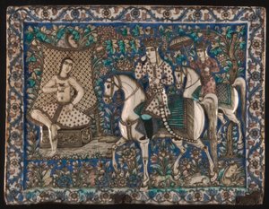 Azulejo que representa a Khusrau dándose un baño con Shirin