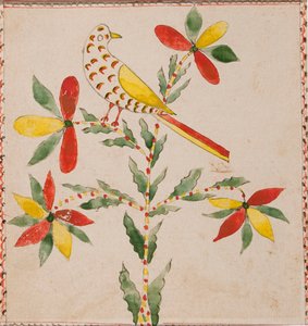 Pequeño pájaro amarillo y rojo en ramita floreciente de Unknown artist