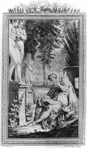 Tito Lucrecio Caro (Lucrecio) filósofo y poeta romano en "De Rerum natura", Grabado del siglo XVIII. de Unknown artist