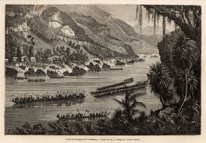 Carrera tradicional de canoas en el río Mekong. Grabado para ilustrar el viaje de exploración en Indochina, por Fran de Unknown artist