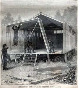 Construcciones de cartón transportables: ambulancias desmontables, sistema inventado por el comandante Espitallier (Grabado en 