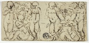 Dos Grupos Decorativos de Putti con Trompetas y Frutas de Unknown artist