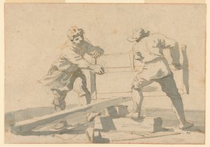 Dos hombres aserrando una tabla de Unknown artist