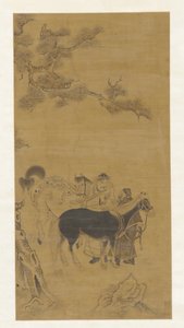 Dos hombres y dos caballos bajo un pino de Unknown artist