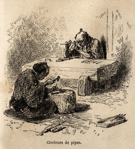 Dos trabajadores, cada uno con un martillo y un punzón, están tallando tubos de metal en su taller. Grabado para ilustrar el viaje a Japón, por Aime Humbert, ministro de la Confederación Suiza, en 1863-1864, publicado en “Le tour du monde, nouveau journal  de Unknown artist