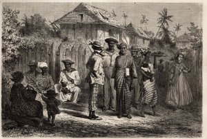 Tipos de indígenas de Cayena (Guayana Francesa), mujeres vestidas con vestido anudado de madras y turbantes coloridos, los hombres adoptaron el traje occidental. Grabado para ilustrar el viaje a la Guayana Francesa en 1862-1863, por Frederic Bouyer