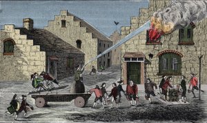 Uso de una bomba de incendios para extinguir un fuego. Grabado de 1733. de Unknown artist