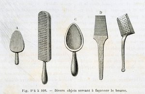 Varios objetos usados para moldear mantequilla - en "Las maravillas de la industria" de Louis Figuier de Unknown artist