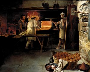 Vista del interior de una panadería Los panaderos hornean el pan en el horno. Pintura anónima del siglo XVIII. Roma, Museo del Folclore de Unknown artist