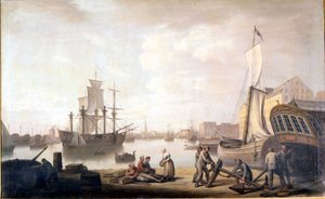 Vista del puerto de Copenhague en Dinamarca. Pintura del siglo XVIII