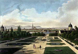 Vista del Belvedere de Viena, palacio barroco austriaco construido por Eugenio de Saboya. Litografía del siglo XIX de Unknown artist