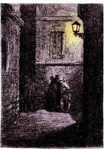 Vista de un callejón oscuro en el distrito de Whitechapel de Londres. Grabado del siglo XVIII de Unknown artist