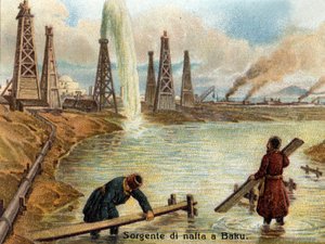 Vista de pozos de petróleo en Bakú, Azerbaiyán. Cromolitografía de aproximadamente 1890 de Unknown artist