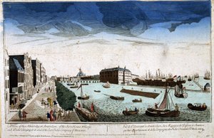 Vista de la Almirantazgo en Ámsterdam de las Tiendas de los Muelles y Sitios de Construcción propiedad de ellos y la Compañía de las Indias Orientales de Holanda - Vista óptica de Unknown artist