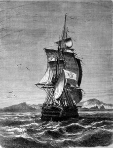 Vista de la fragata austriaca Novara frente a la Isla de San Pablo en el Océano Índico en 1857. Grabado del siglo XIX