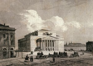 Vista del Teatro Bolshói en Moscú, Rusia en 1838. Grabado del siglo XIX de Unknown artist