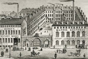 Vista de la fábrica de cuchillería Mappin Brothers en Londres. Detalle del anuncio de 1891. Grabado.