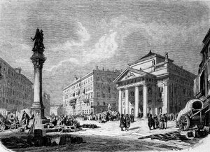 Vista de la Plaza de la Bolsa en Trieste (durante el período austríaco), grabado del siglo XIX