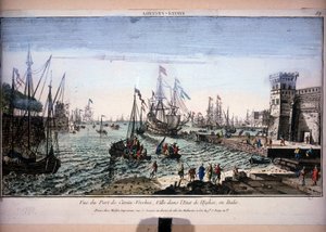 Vista del Puerto de Civitavecchia, Ciudad en el Estado de la Iglesia, Italia. Vista óptica del siglo XVIII