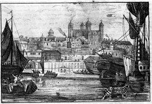 Vista de la Torre de Londres y el Támesis a finales del siglo XVIII Grabado