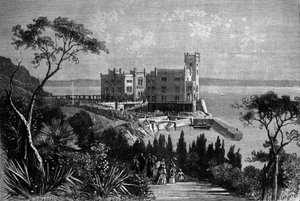 Vista del castillo de Miramare en Trieste (durante el período austríaco), grabado de 1885 de Unknown artist