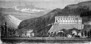 Vista de la iglesia en construcción cerca de la cueva milagrosa de Lourdes en los Altos Pirineos donde la Virgen se apareció a Bernadette Soubirous (1844-1879) en 1858, actual lugar de peregrinación. Grabado del siglo XIX de Unknown artist