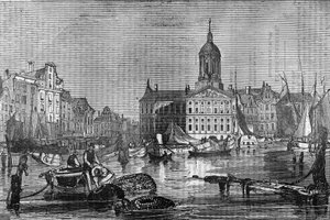 Vista de la ciudad de Ámsterdam y el antiguo Ayuntamiento en el siglo XIX de Unknown artist