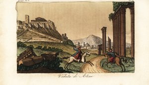 Vista de la ciudad de Atenas, Grecia, con la Acrópolis y el Partenón a la izquierda, ruinas de columnas, monumentos y Propileos al frente