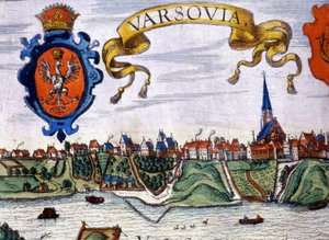 Vista de la ciudad de Varsovia con el escudo de armas de la ciudad. 1780.