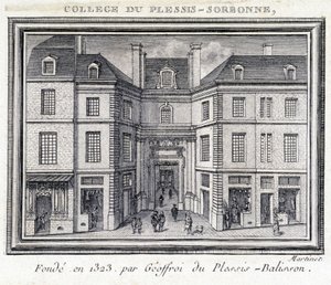 Vista de la fachada exterior del colegio de Plessis Sorbonne (París), fundado en 1323 por Geoffroy de Plessis Balisson, utilizado de 1848 a 1849 por la ENA. Grabado conservado en el Museo Carnavalet, París.