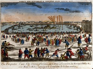 Vista de la fiesta dada en Florencia a orillas del río Arno por el Gran Duque de Toscana con motivo de la boda de Enrique IV con María de Médici en 1600. Grabado.