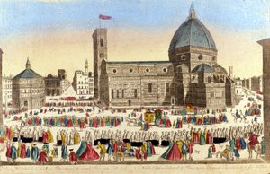 Vista de la gran catedral de Florencia (Duomo Santa Maria del Fiore) realizada por Filippo Brunelleschi, en el día de la procesión del Santo Dios. Aproximadamente 1790
