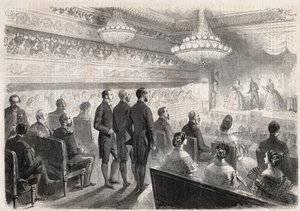 Visita de Guillermo I de Prusia (1797-1888) a Compiègne: espectáculo de gala en el teatro del palacio en presencia de Napoleón III (1808-1873) - Grabado en “El Mundo Ilustre” de Unknown artist
