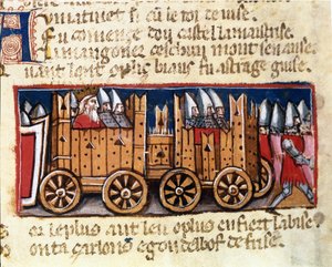 Máquinas de guerra, precursoras del tanque, usadas por Carlomagno contra los moros de España - en "Entrada de España", manuscrito del siglo XIV. Biblioteca Marciana, Venecia de Unknown artist