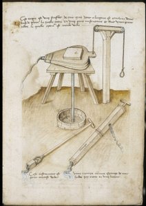 Instrumentos de bombeo de agua - Manuscrito: hoja de pergamino de un manual de ingeniero para la construcción de edificios civiles, religiosos y militares, anónimo, finales del siglo XV (figura en tinta china) de Unknown artist