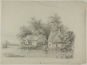 Molino de agua y cabaña con techos de paja de Unknown artist