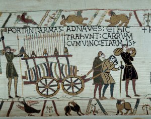 Armas y vino llevados a los barcos durante el reabastecimiento para la conquista de Inglaterra (detalle del tapiz de Bayeux) de Unknown artist